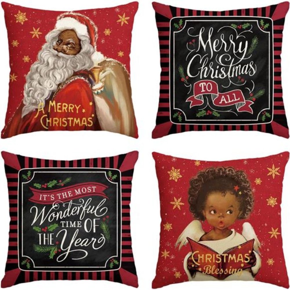 Merry Christmas Black Santa Claus Girl Throw Pillow Cover, 18 x 18 Inch Set of 4
